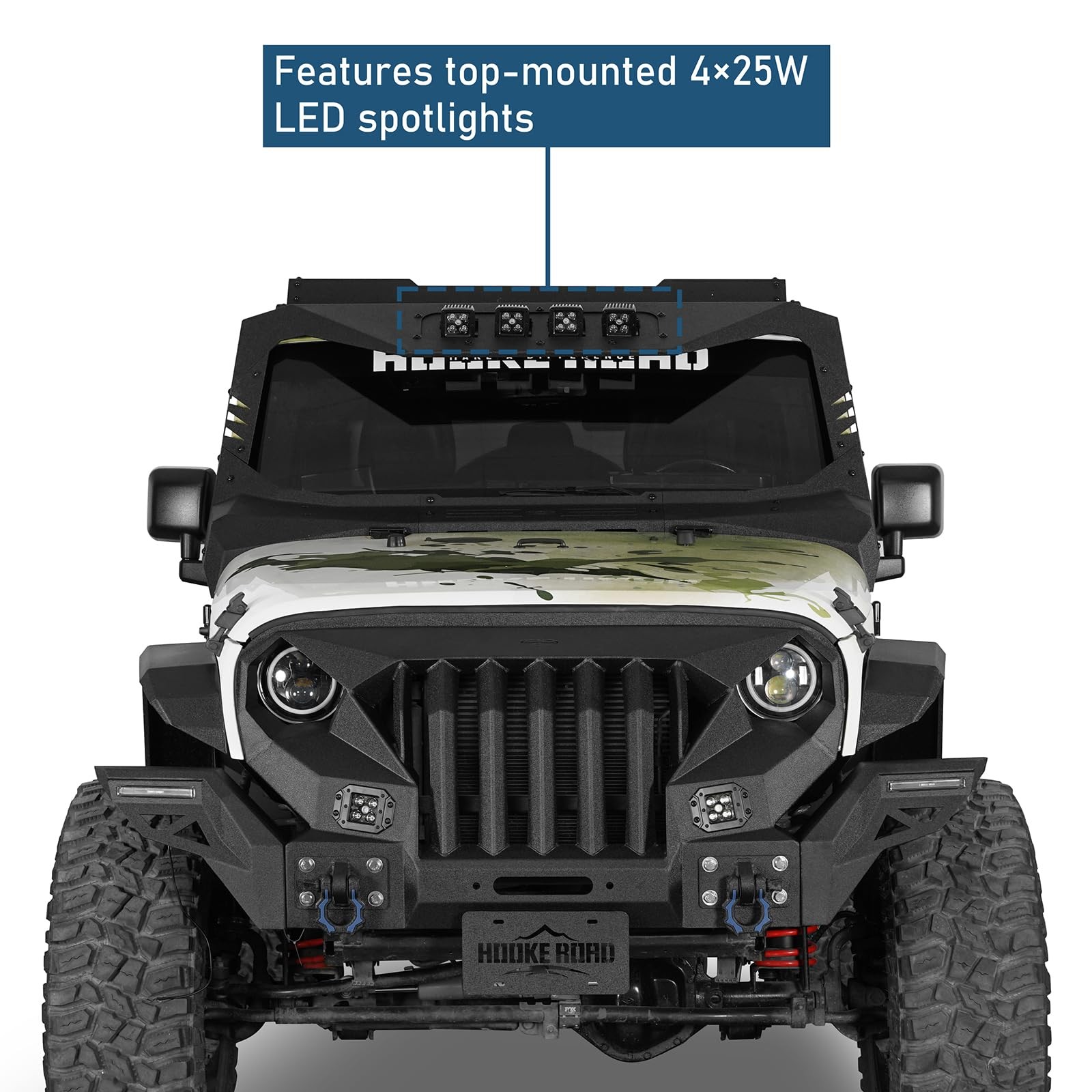 JK Wrangler 2007-2018 Windshield Frame Cover Sun Visor Cowl Armor 4X LED Lights