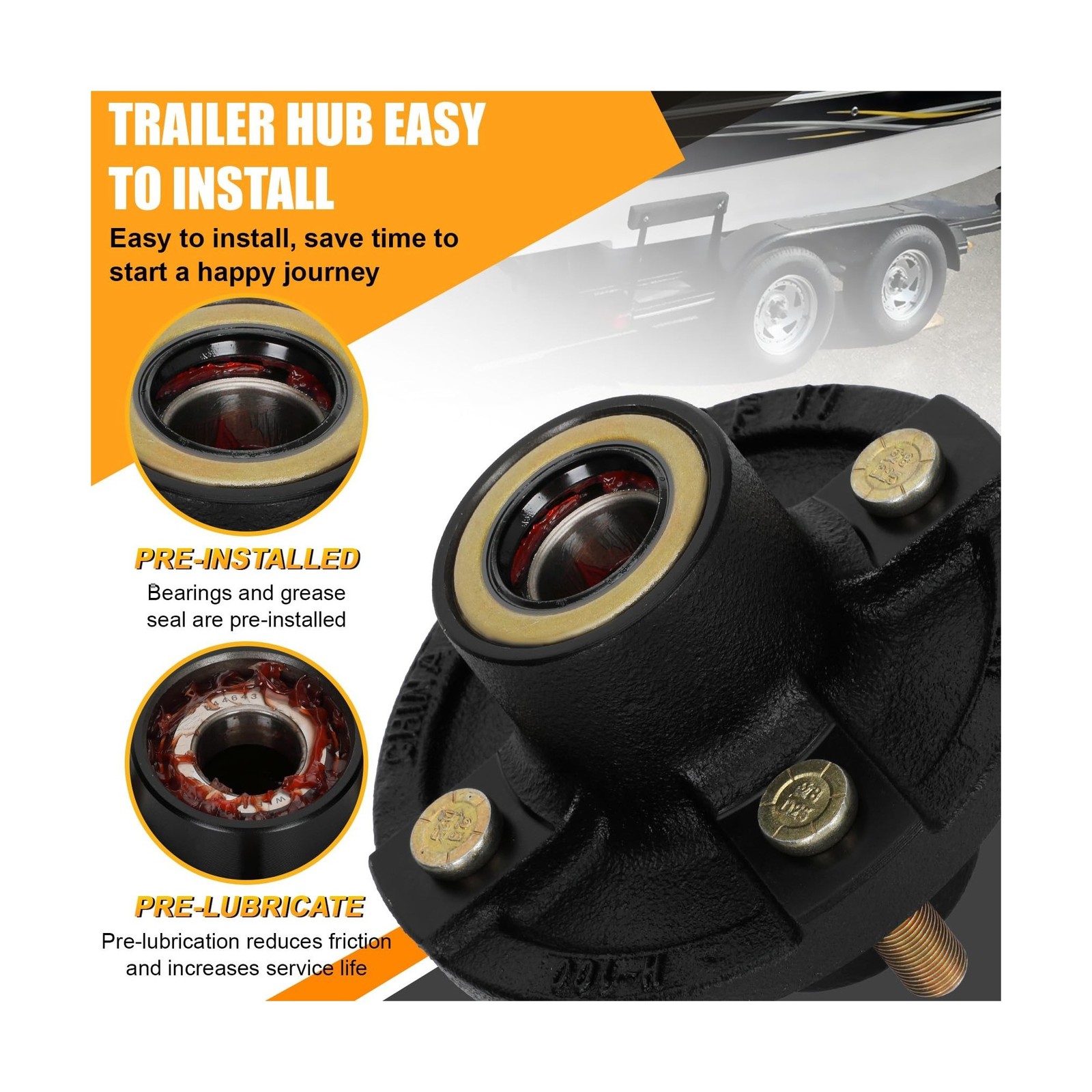 2 Sets 4 Lug Trailer Hub Kit for 2000 Lbs, for 1” BT9 Straight Axle Spindle …
