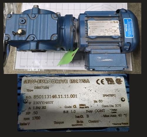 SEW EURODRIVE – 850113146.11.11.001 – MOTOR, .50HP, 1700RPM, 230/460V, IP54 TEFC