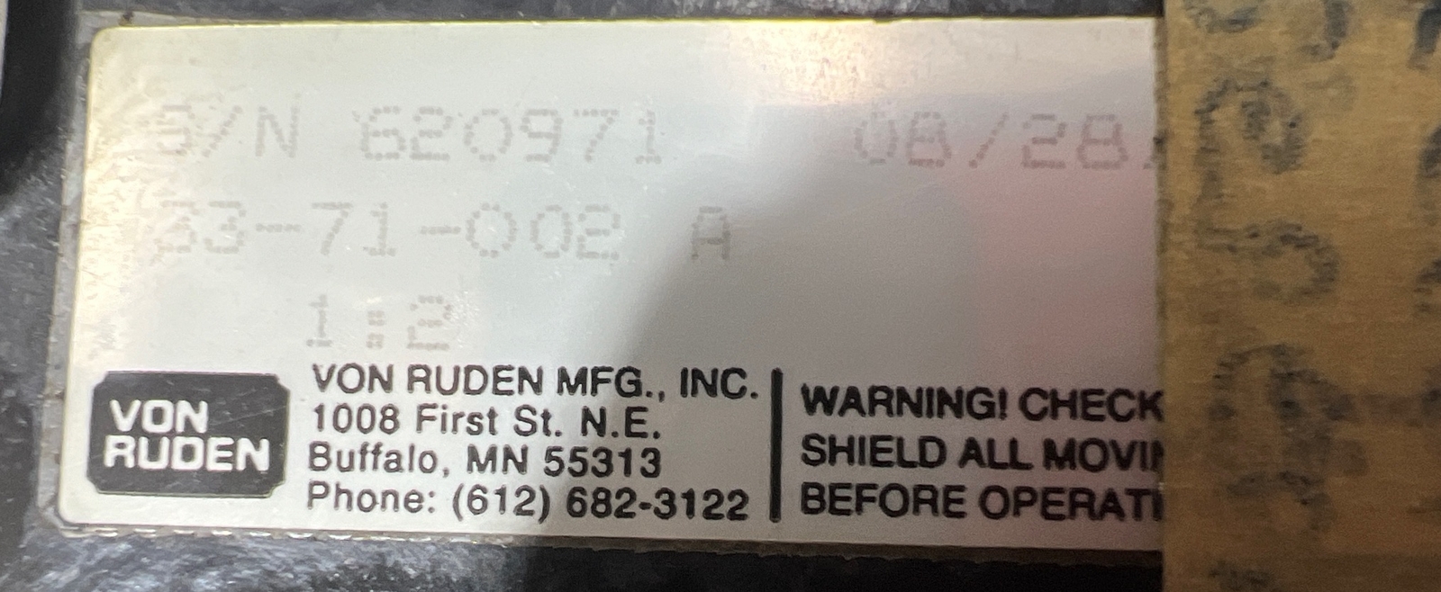 VON RUDEN Model 90002 GEAR REDUCER Used Surplus