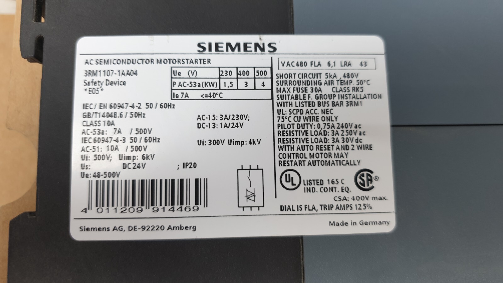 Siemens 3RM1107-1AA04 SIRIUS MOTOR STARTER