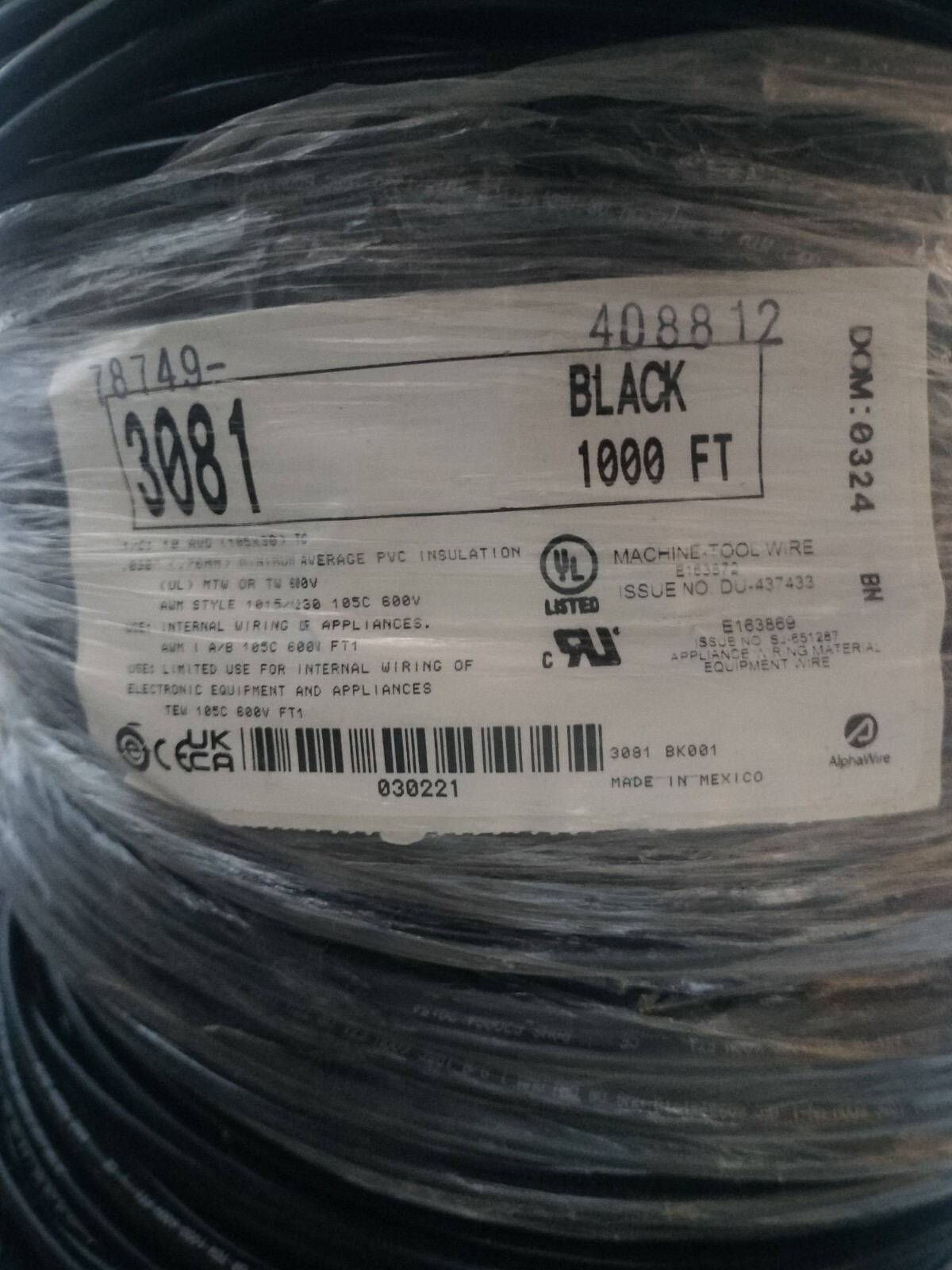 ALPHA WIRE 3081-BK001 Hook-up Wire 10AWG 1,000ft Spl Tinned Copper Black 600V –