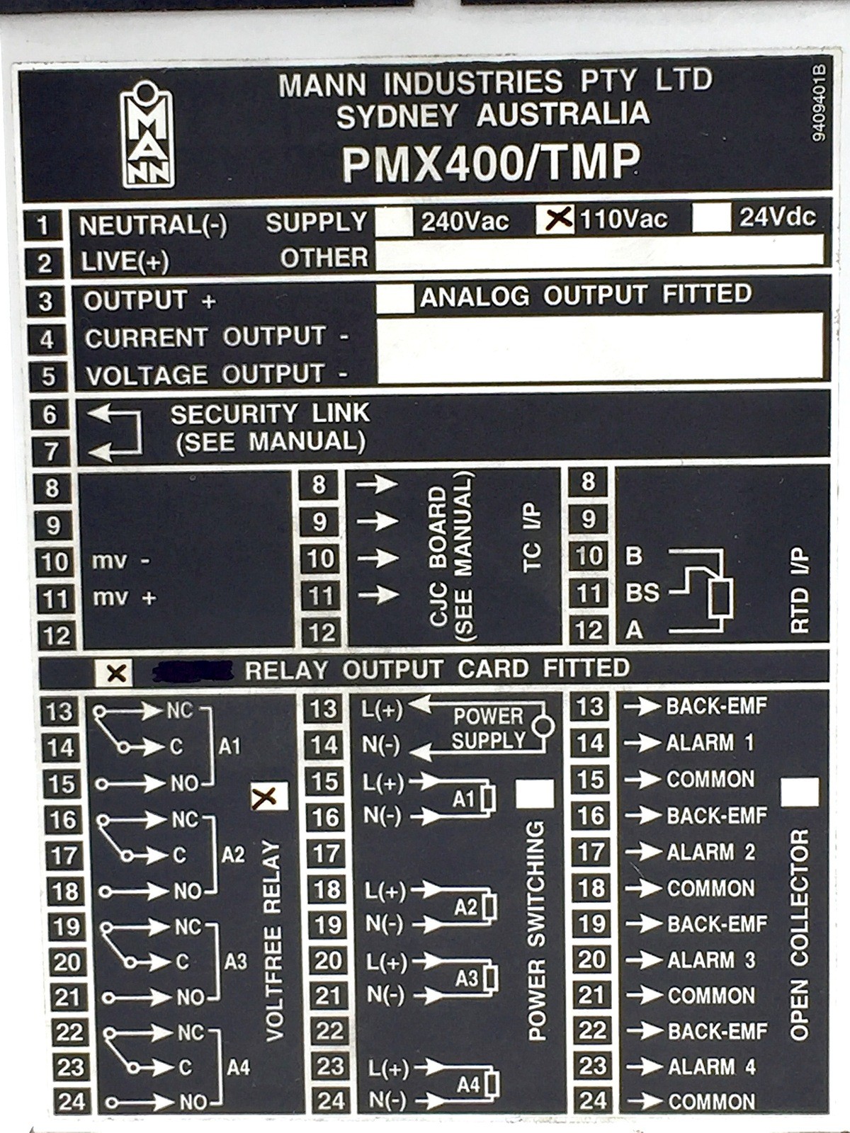 MANN Industries PMX400/TMP Control Temperature Indicator 110VAC PMX Series