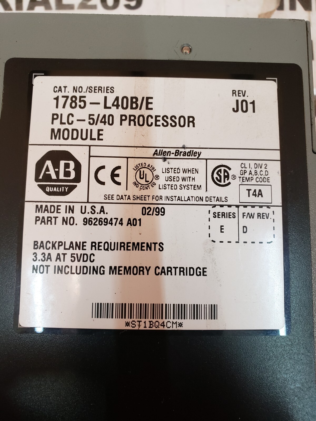 ALLEN BRADLEY 1785-L40B/E PLC 5/40 PROCESSOR MODULE