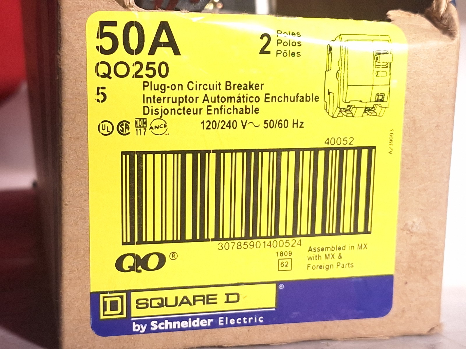 SQUARE D QO250 PLUG ON CIRCUIT BREAKER 50A 2P 120/240V 50/60Hz – 6 AVAILABLE