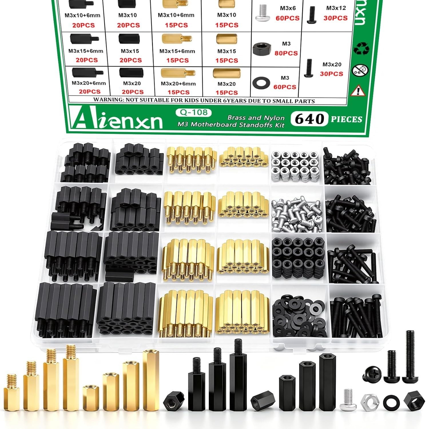 640PCS M3 Brass Nylon PCB Standoff Kit Male Female Hex Spacer Screws Nuts