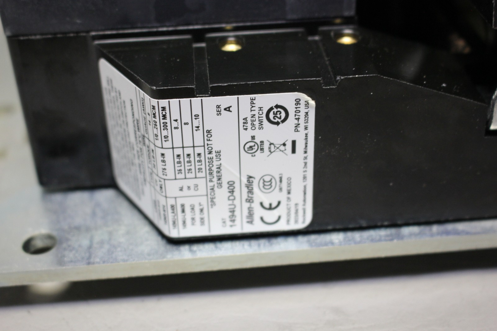 NEW ALLEN BRADLEY 400A DISCONNECT SWITCH 1494U-D400 SER. A