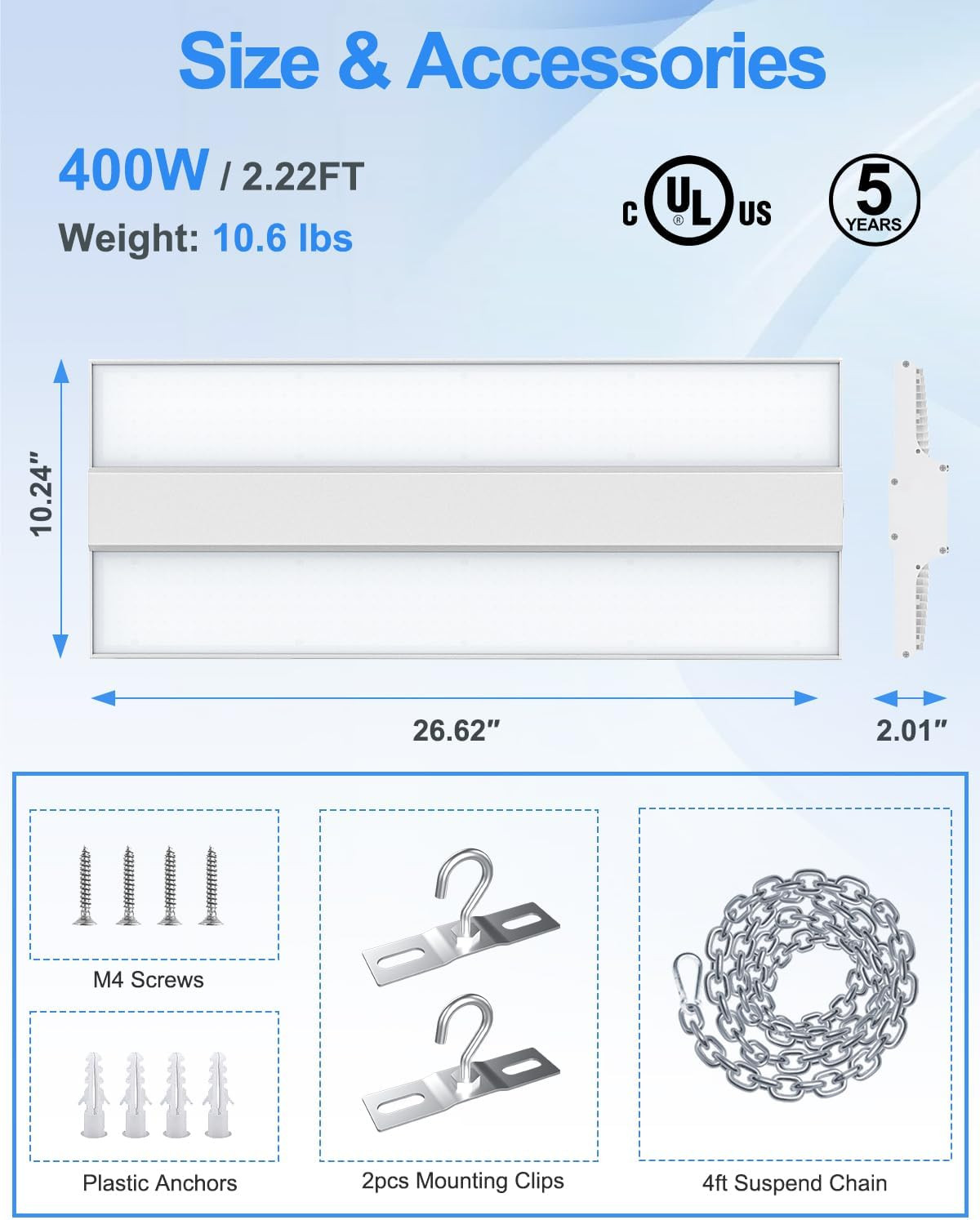 400W LED High Bay Shop Light 60,000LM, 2.2FT High Bay LED Warehouse Light UL Lis