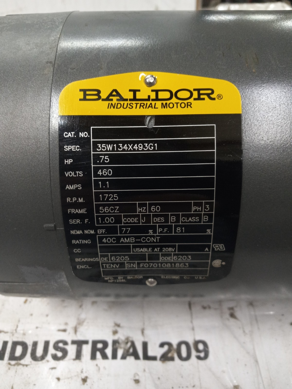 0.75HP BALDOR RELIANCE 35W134X493G1 MOTOR 1725RPM FR:56CZ