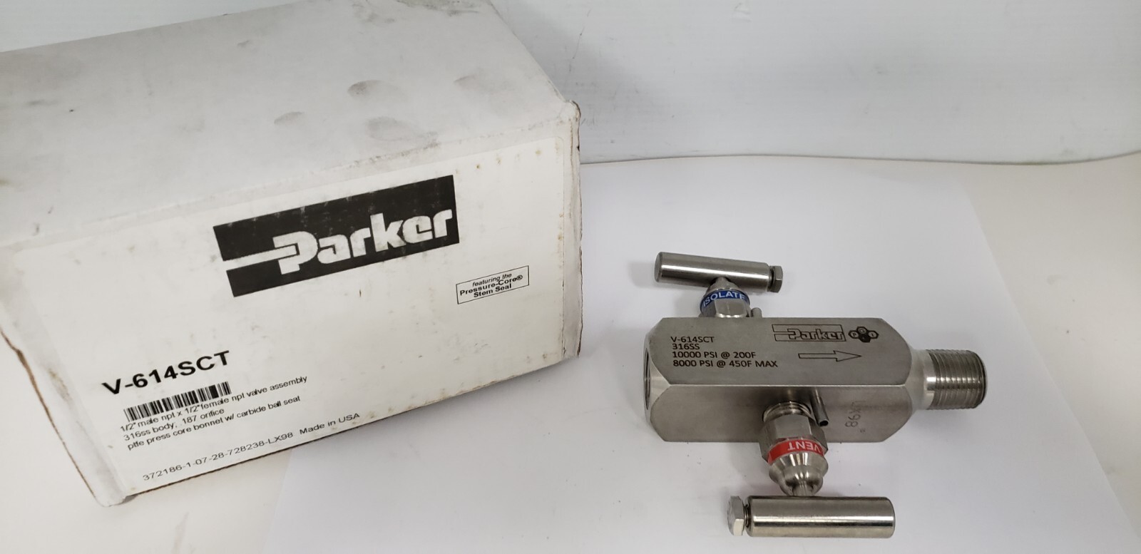 PARKER V-614SCT VALVE ASSEMBLY, 1/2″ MNPT x 1/2″ FNPT, 316SS, 10000 PSI, NIB