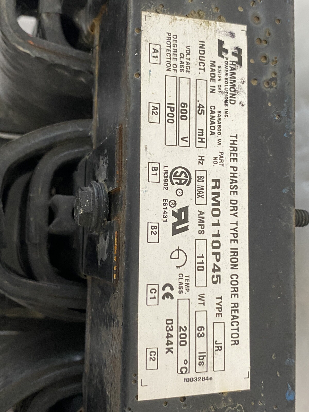 HAMMOND POWER SOLUTIONS RM0110P45 600v Type Jr 110A 3ph Dry Type Core Reactor