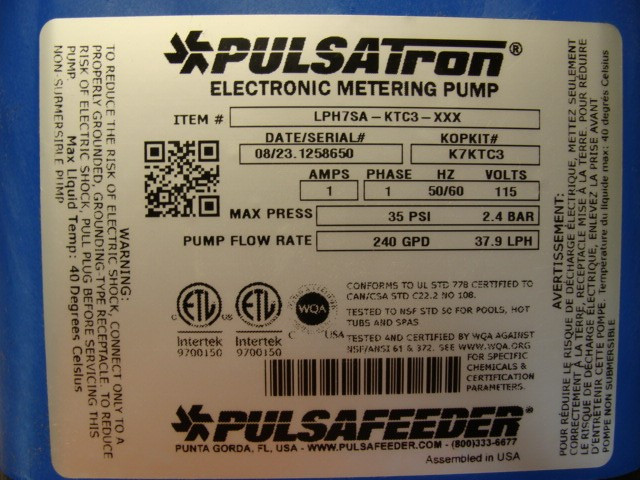 PULSATRON SERIES E PLUS METERING PUMP LPH7SA-KTC3-XXX 240GPD @ 35PSI 115VAC