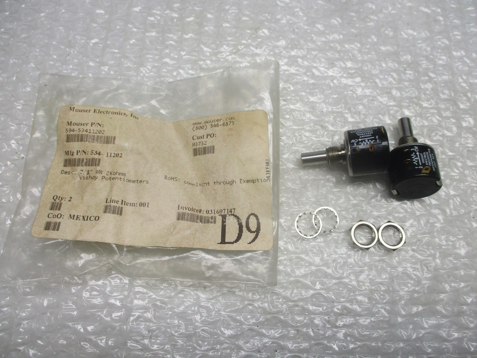 MOUSER ELECTRONICS 594-53411202 POTENTIOMETER PKG OF 2 NSMP