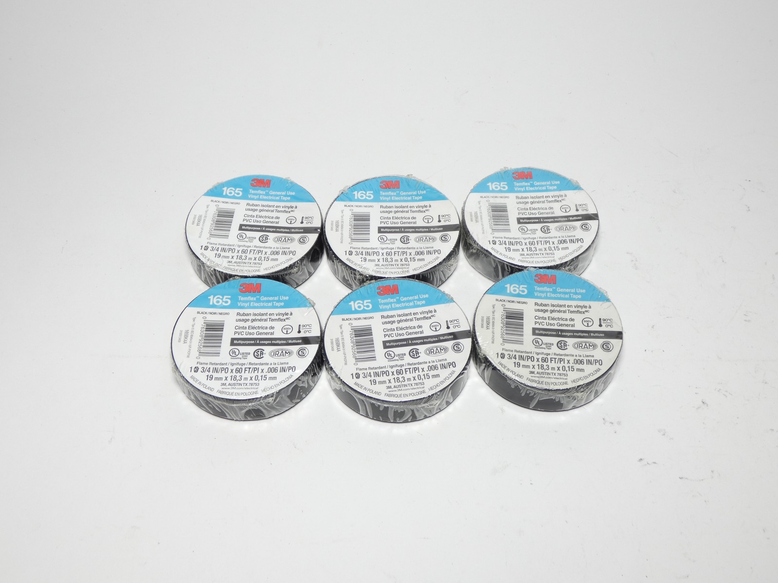 *Lot of 6* 3M 165BK4A Temflex Vinyl Black Electrical Tape 3/4″ x 60′ x .006″ …