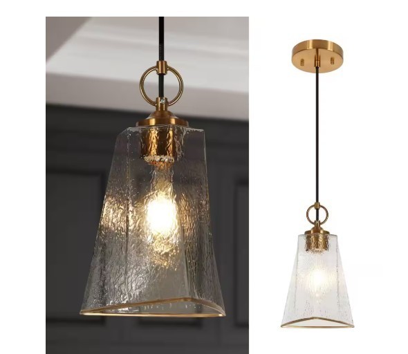 LNC Modern 1-Light Brass Island Pendant Light w/ Irregular Bell Clear Wavy Glass