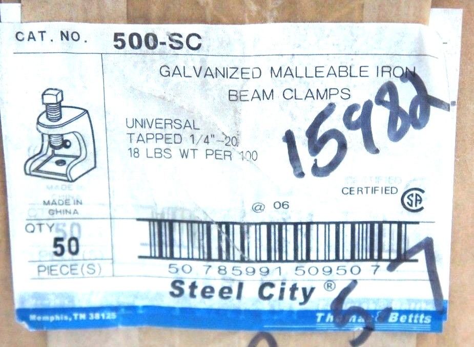 BOX OF 50 NEW STEEL CITY 500-SC GALVANIZED MALLEABLE IRON BEAM CLAMPS 1/4″