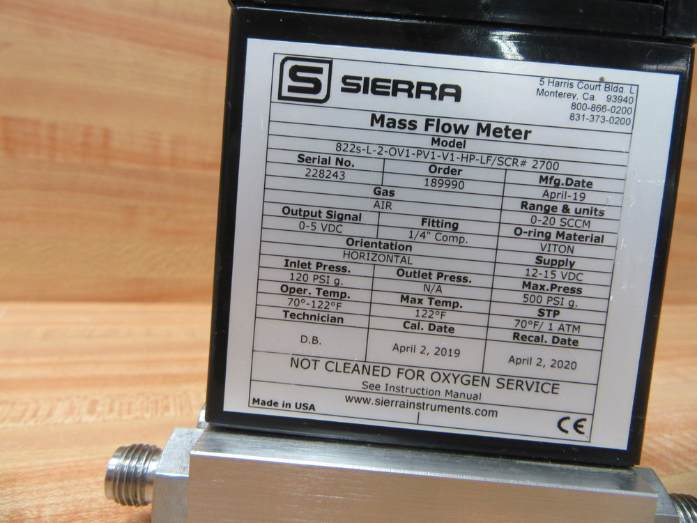 Sierra 822S-L-2-OV1-PV1-V1-HP/SCR #2700 Mass Flow Meter 0-20 SCCM 120 PSI