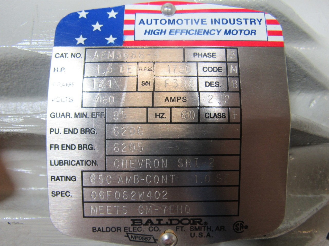 BALDOR AEM3686-4 1-1/2 HP TE 460V 3PH 1750RPM Frm184 AC Motor 7/8″ Shaft NOS