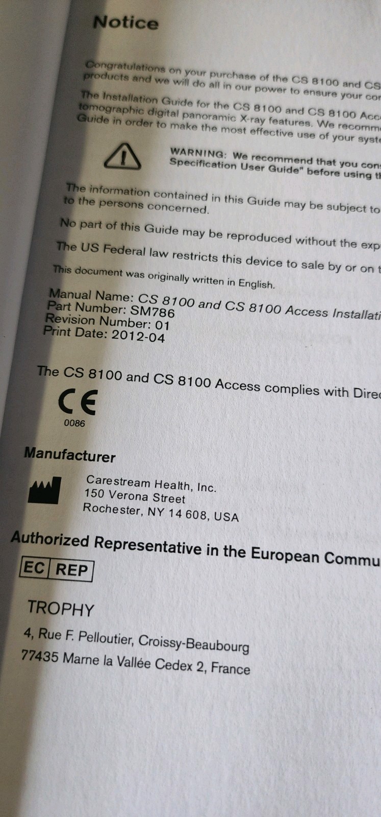 Carestream Dental CS 8100 & CS 8100 Access Installation Guide. 