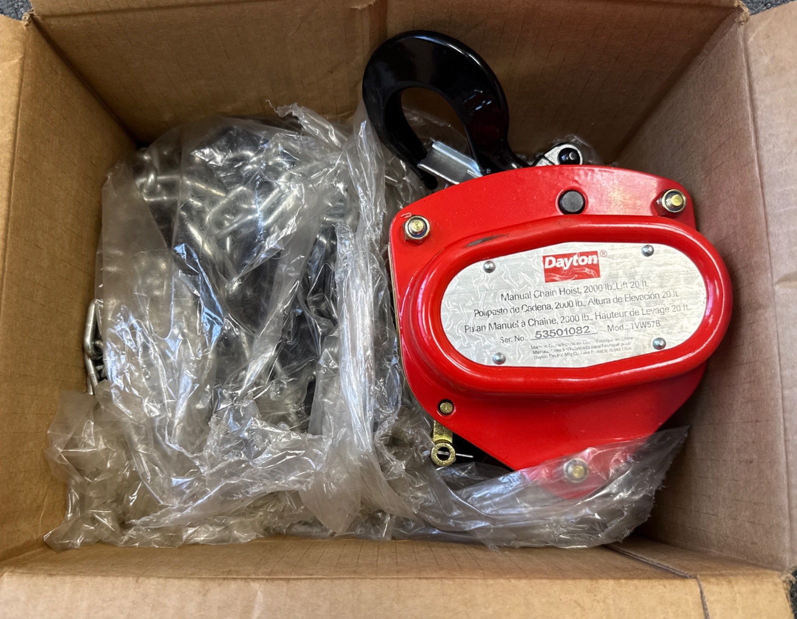 DAYTON 1VW57 Manual Chain Hoist Hook Mounted No Trolley, 2000 lb Cap, 20 Ft Lift