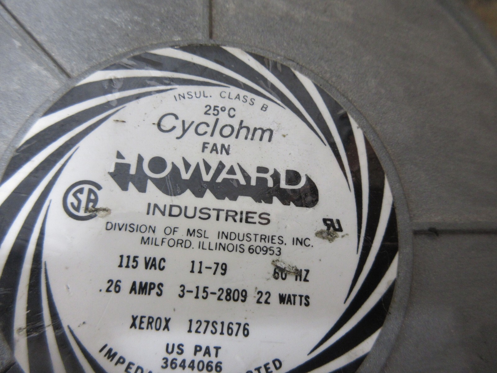 HOWARD INDUSTRIES CYCLOHM FAN XEROX 127S1676 3644066 115 VAC 60HZ 26 3-15-2809