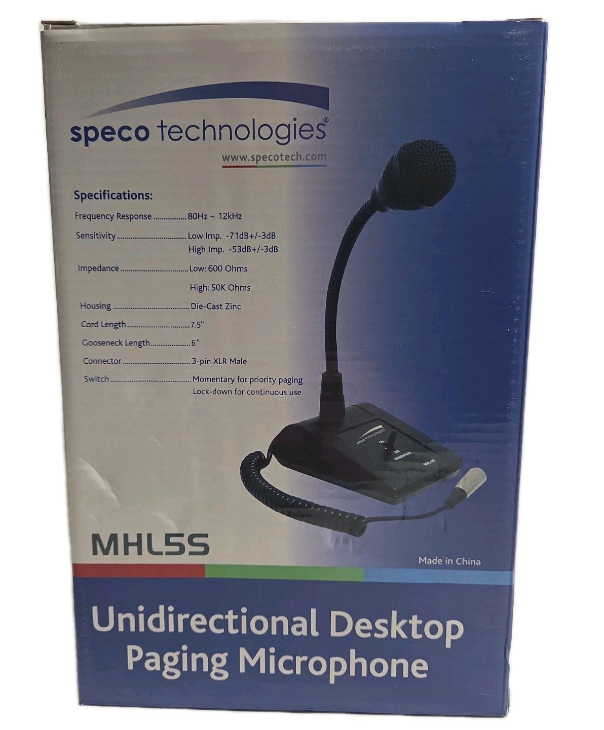 SPECO TECHNOLOGIES MHL5S Tabletop Microphone,Adjustable Gooseneck