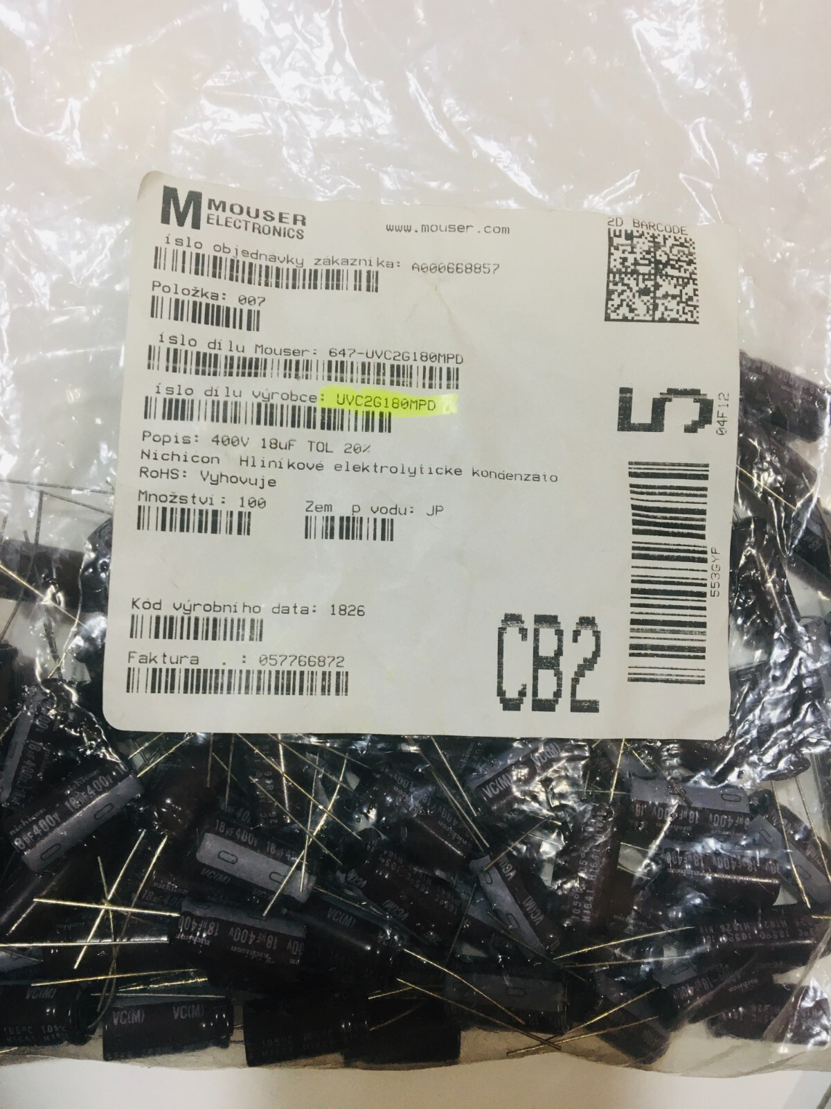 Mouser 647-UVC2G180MPD 400V 18uf (100 pcs)