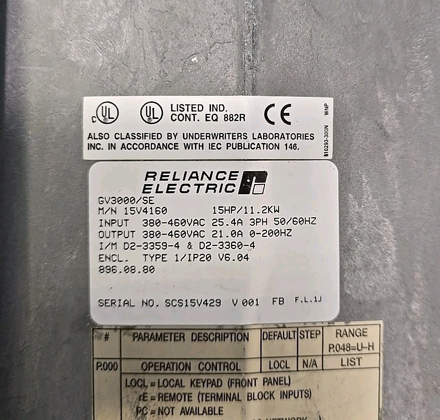 RELIANCE 15V4160 15HP 460V 3Ph GV3000/SE SENSORLESS ENHANCED AC DRIVE