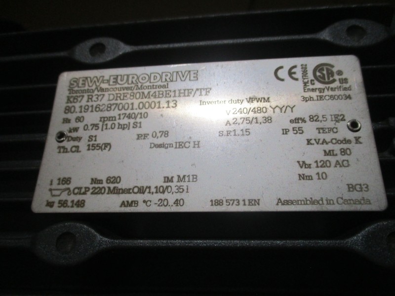 SEW-EURODRIVE K67R37DRE80M4BE1HF/TF 240/480V 2.75/1.35A NSMP
