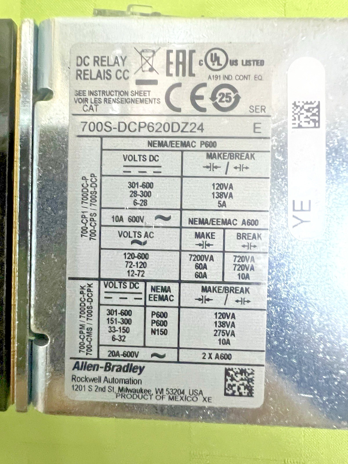 ALLEN BRADLEY 700S-DCP620DZ24 SAFETY CONTROL RELAY 600V DC COIL 8 POLE SER E NIB