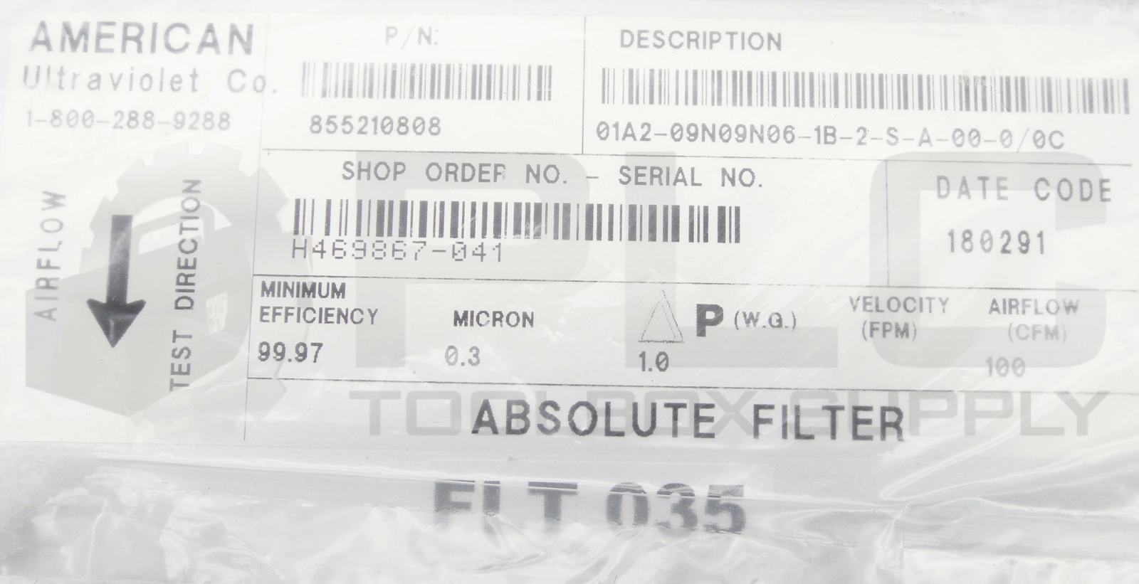 NEW AMERICAN ULTRAVIOLET CO. 855210808 FILTER 10″X10″X6″ 99.97% 0.3 MIRCON