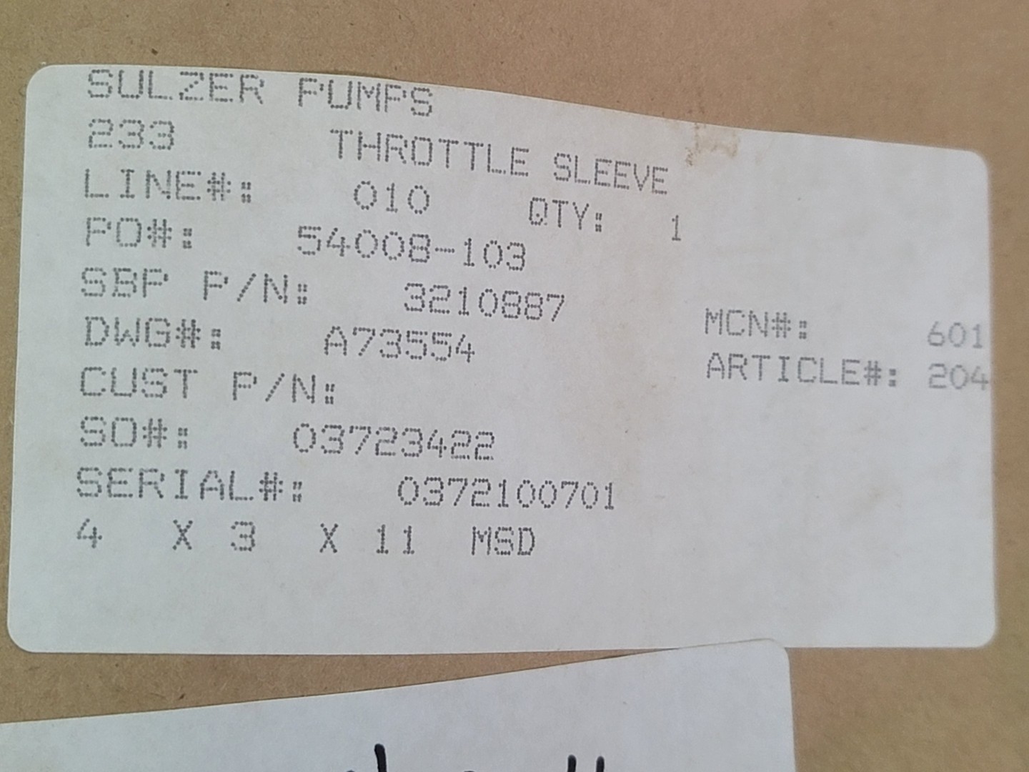 Sulzer Pumps Throttle Sleeve – Miscellaneous MRO