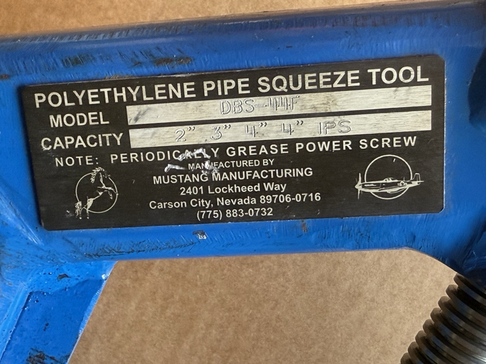 MUSTANG DBS-44F POLYETHYLENE PIPE ZQUEEZE TOOL 2” 3” 4” 4” IPS Used Re/All Des/