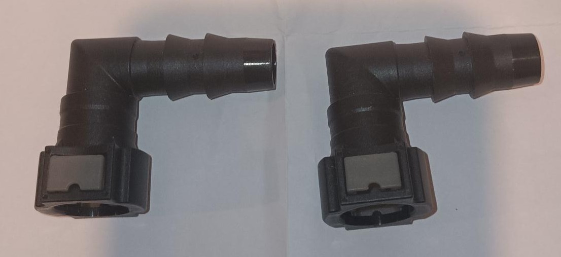 3/8″ Female Quick Connect J2044 x 1/2″ Push On Barb 90 Degree, Nylon 2 pc. Lot