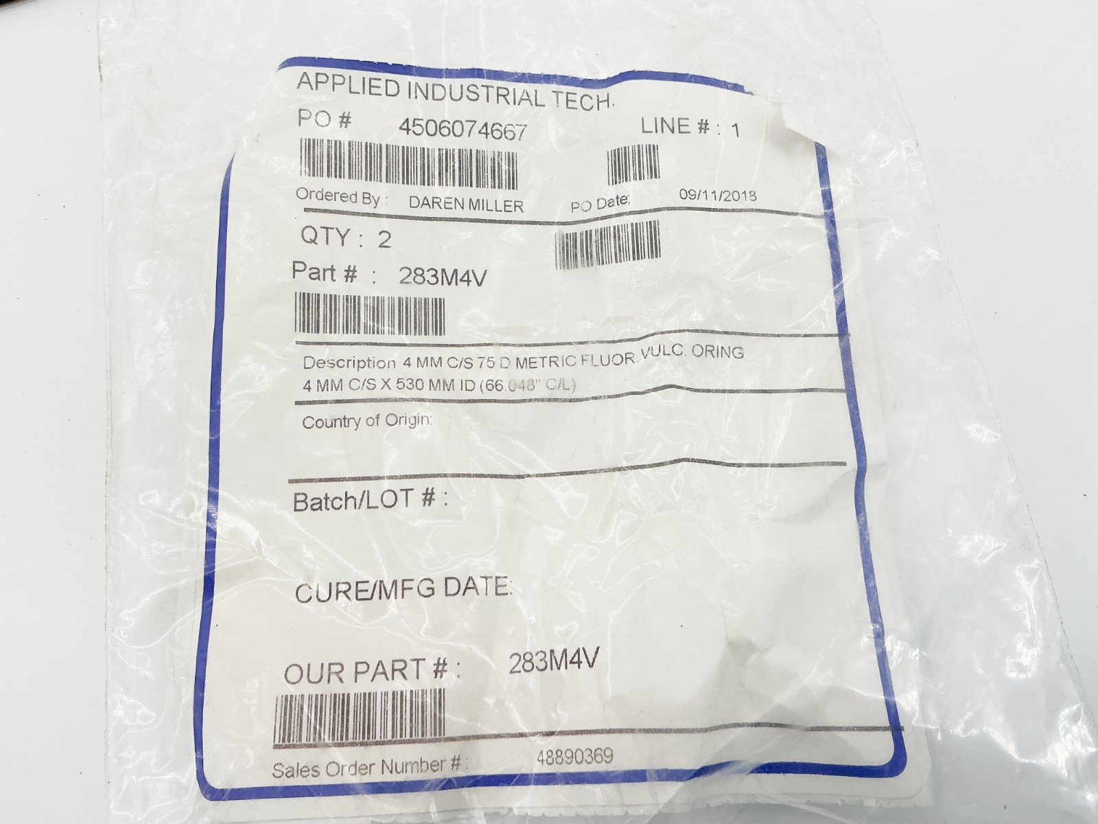 New Lot of 2 Applied Industrial Tech 283M4V O-Rings 4MM C/SMM ID (66.048″ C/L)