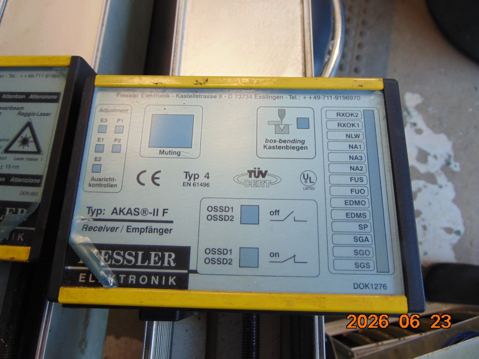 Fiessler Elektronik AKAS II 290 S/HS Press Brake Laser Safety System 122913