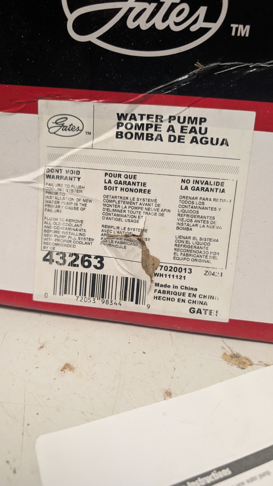 Gates 43263 Water Pump – will be shipped OUT of the original box