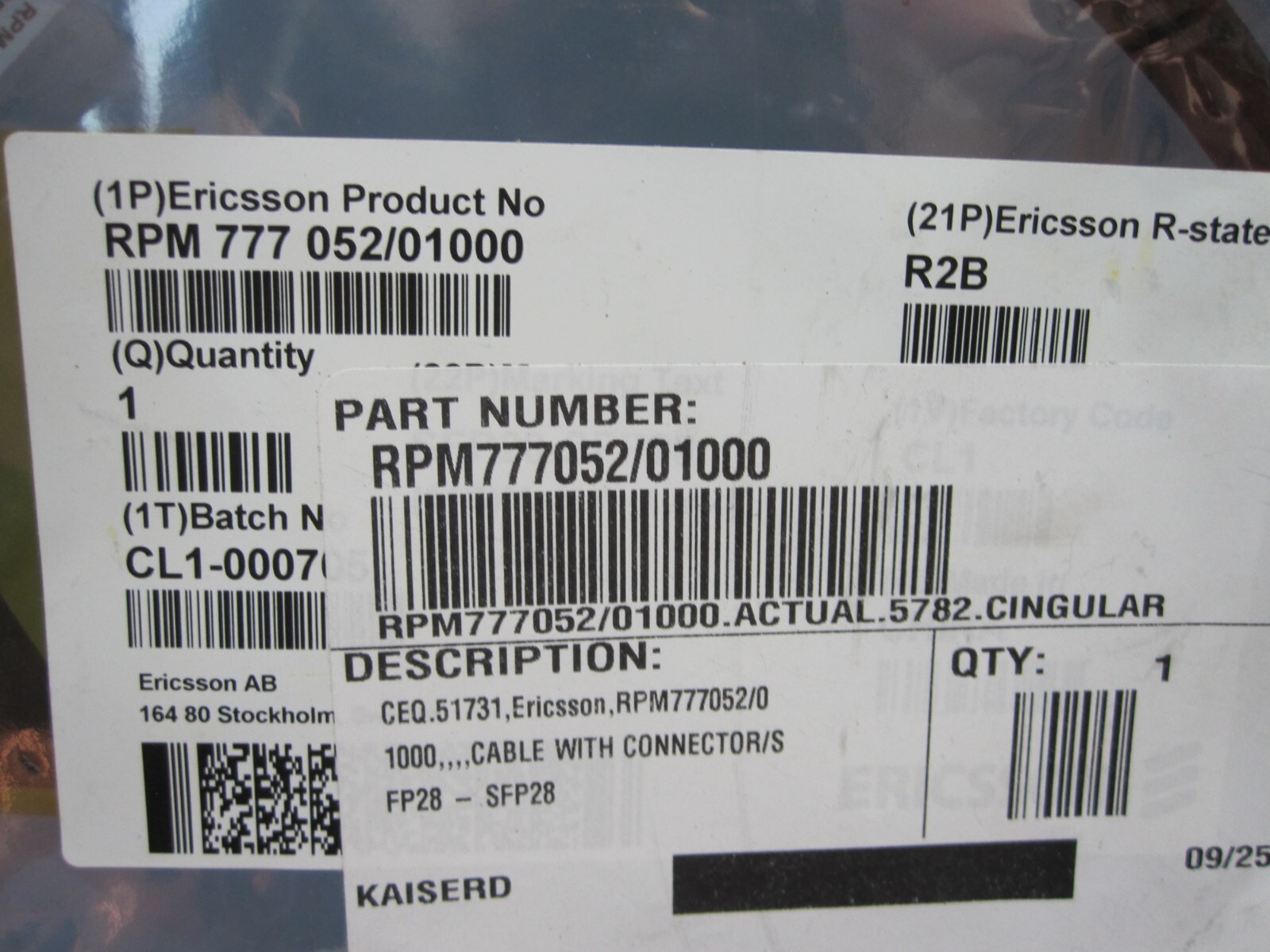 Ericsson RPM777052/01000 CABLE WITH CONNECTOR SFP28 – SFP28 – RPM77705201000 .
