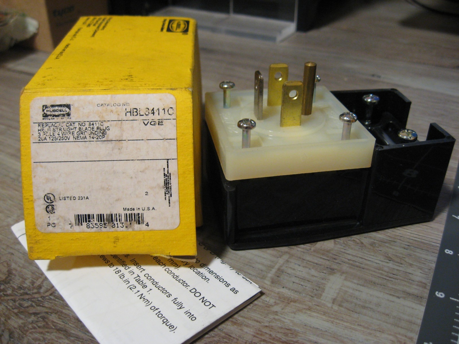 NEW Hubbell HBL8411C 4 Wire Industrial Straight Blade Angle Plug – 20A 125/250V