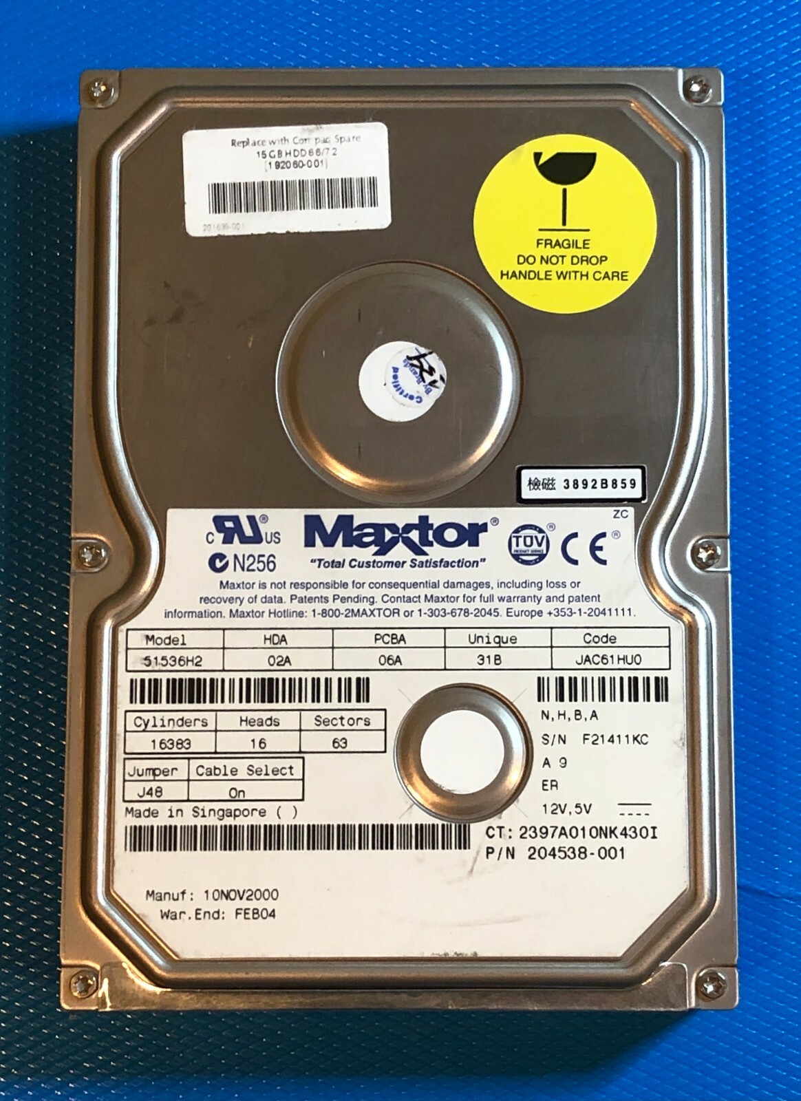 MAXTOR 51536H2 DiamondMax Plus 45 7200RPM 15.3GB IDE Hard Drive [1 unit]