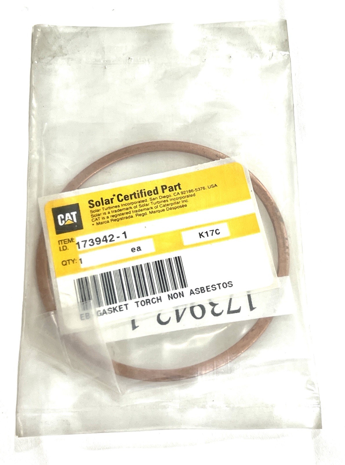 NEW Solar Turbines Torch Gasket 173942-1, Round, 3.32 Id, 3.68 Od