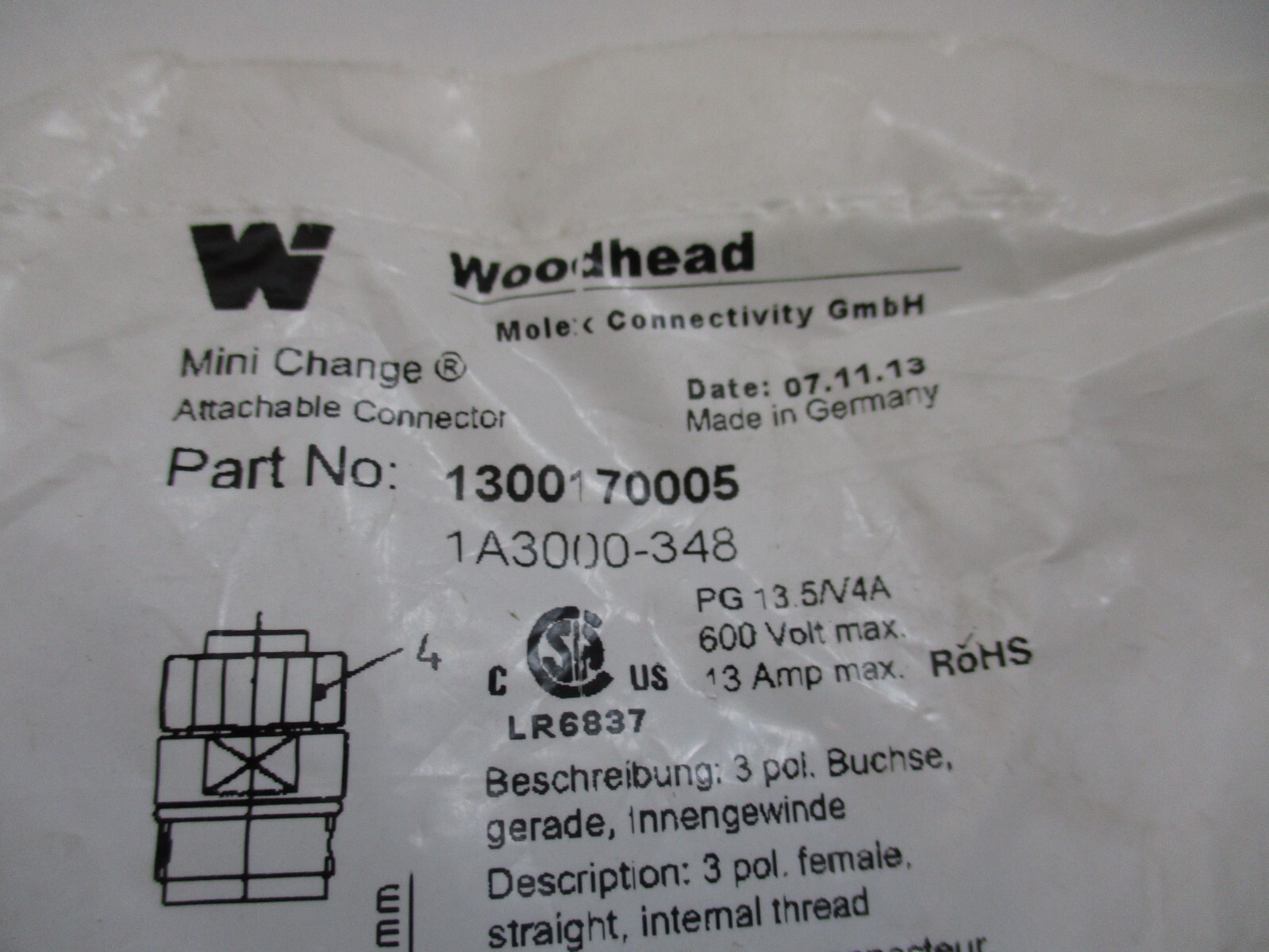WOODHEAD 1A3000-348, MOLEX CONNECTIVITY GMBH, PG 13.5/V4A 600V 13AMP CONNECTOR