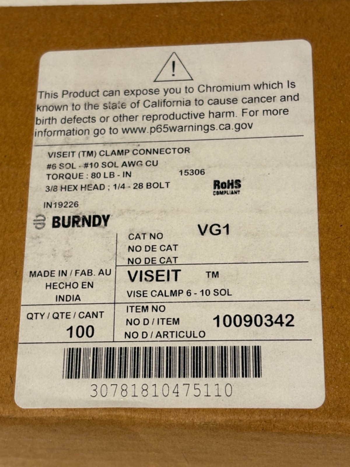 Burndy VG1 VISEIT Vice Clamp #10090342 Copper Alloy Connector #6-#10 Sol BOX 100