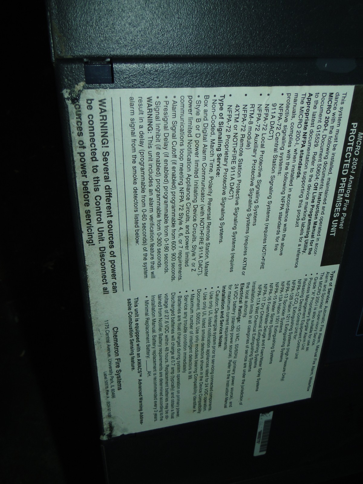 Chemetron Micro 200-I Intelligent Fire Detection and Alarm System Untested READ