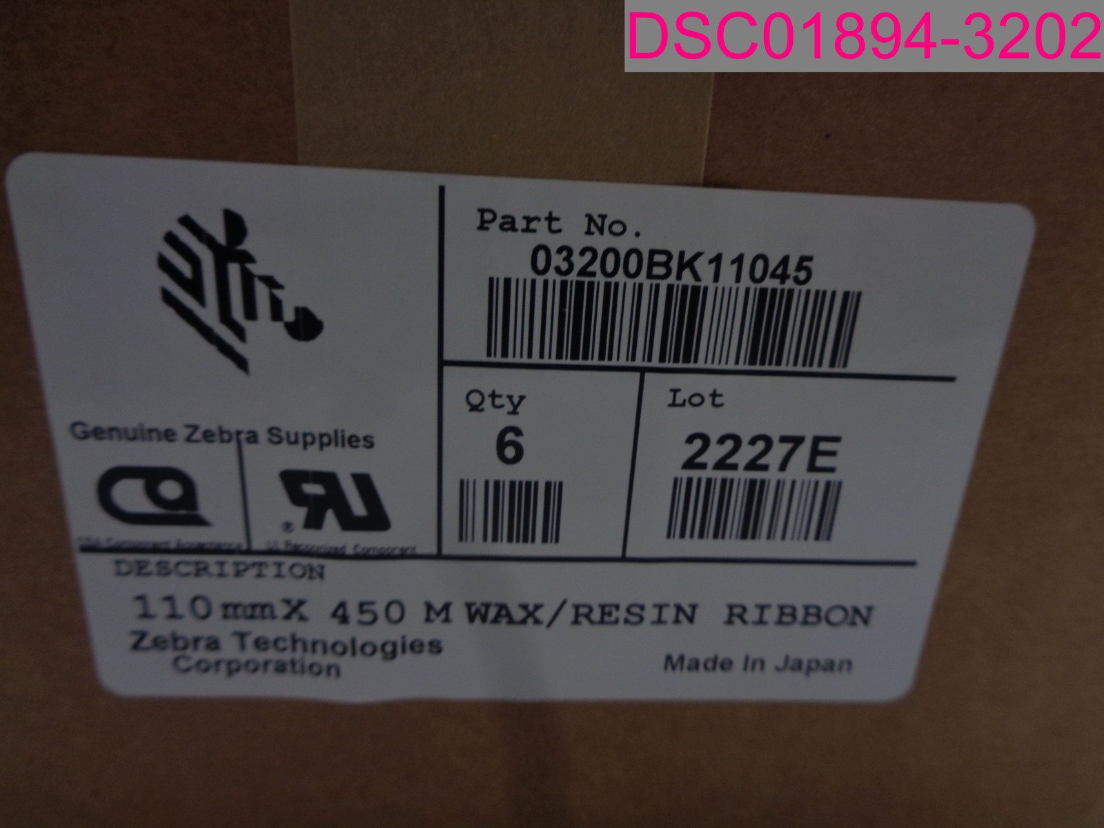QTY=6 Rolls; Zebra 03200BK11045 Wax/Resin Ribbon 4.33″ x 1476′ (110mm x 450m)