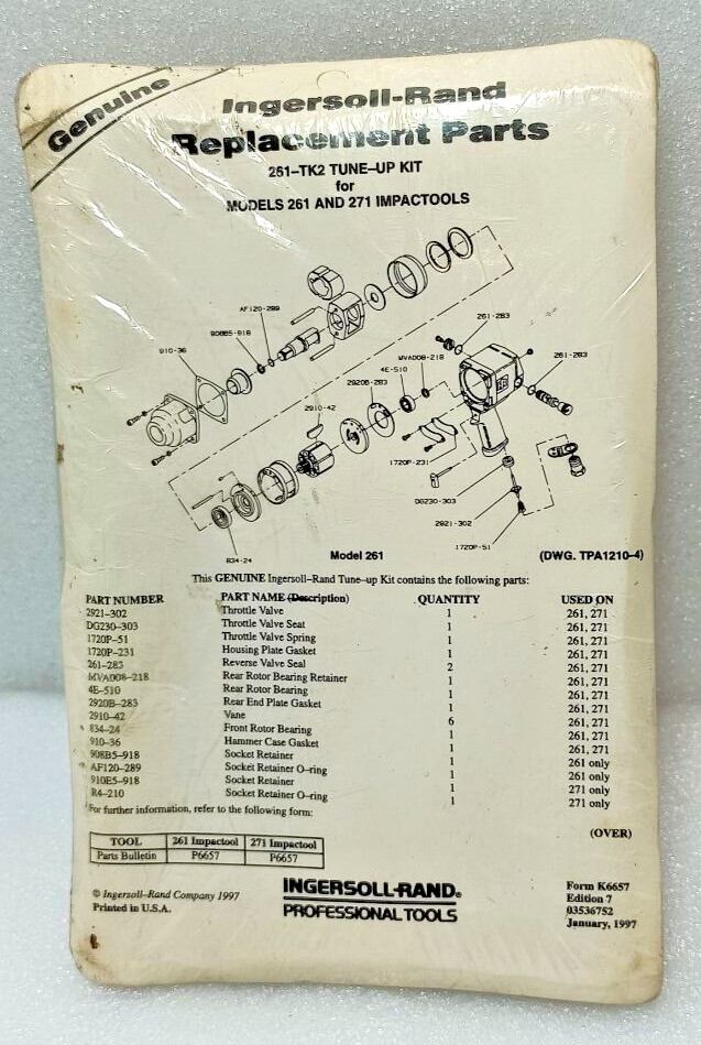 INGERSOLL RAND 261-TK2 W07M TUNE-UP KIT NEW FAST SHIPPING