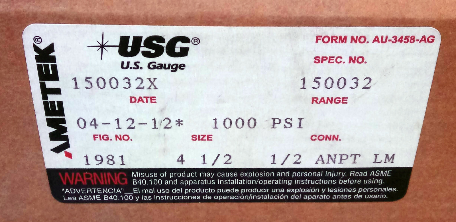 1 NEW AMETEK USG 1981 150032X 4.5″ PRESSURE GAUGE NIB ***MAKE OFFER***