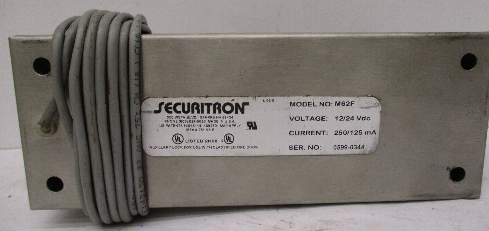 Securitron M62F 12/24 VDC 2K08 Auxiliary Lock For Classified Fire Door A5798LR