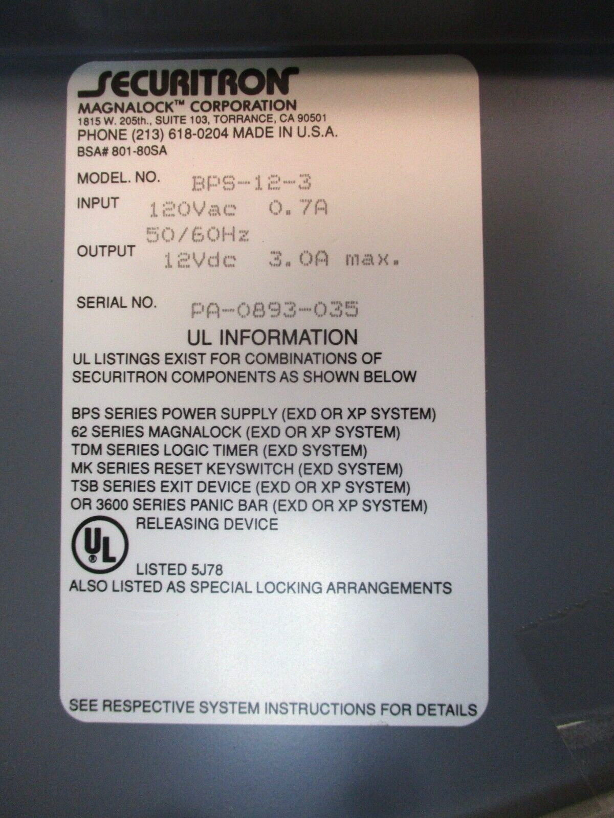 Securitron Magnalock BPS-12-3 120VAC 0.7A 50/60Hz Input 12VDC 3.0A Max O A6854DH