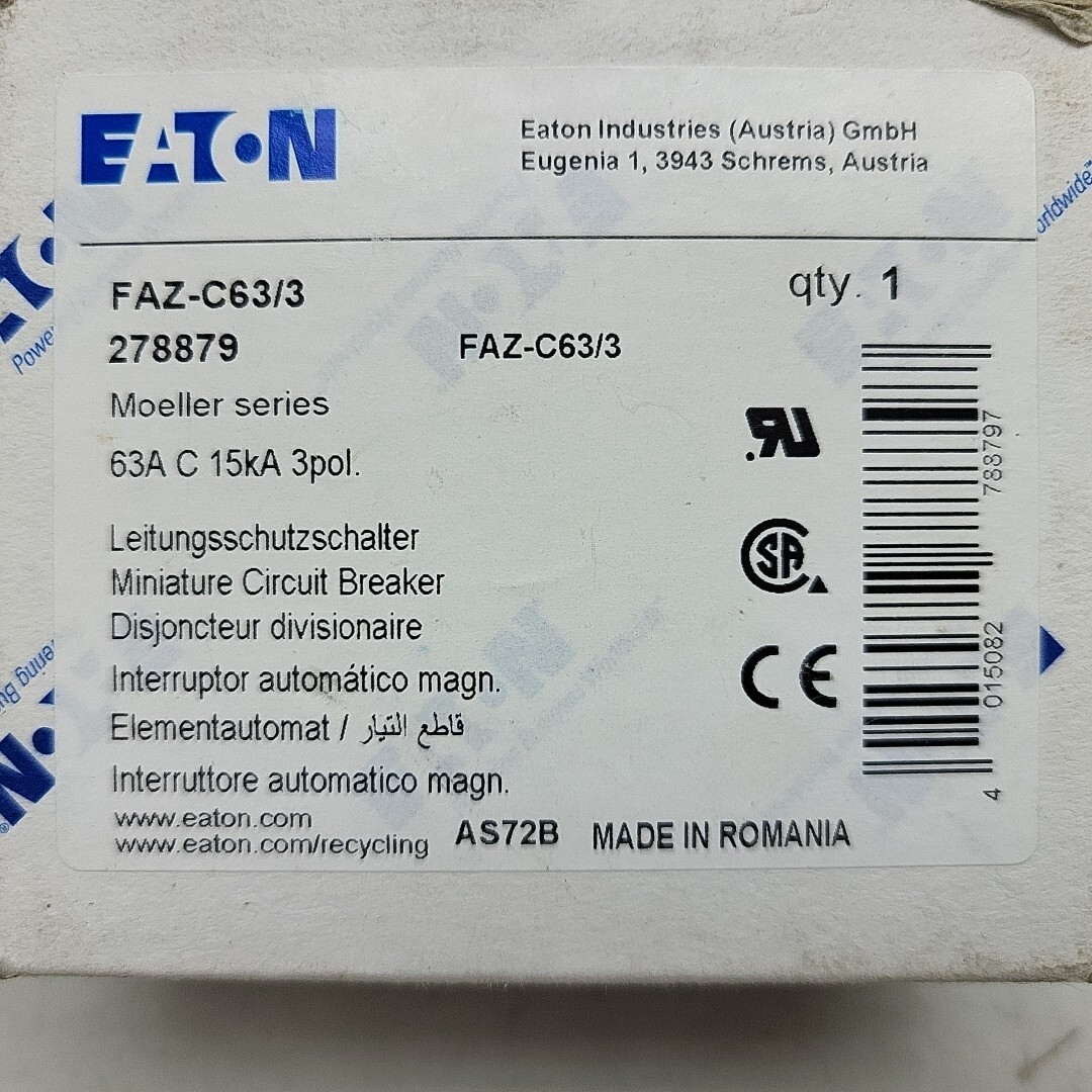 Eaton FAZ-C63/3 Moeller Miniature Circuit Breaker 63A Amp 15kA 3Pole 278879 New